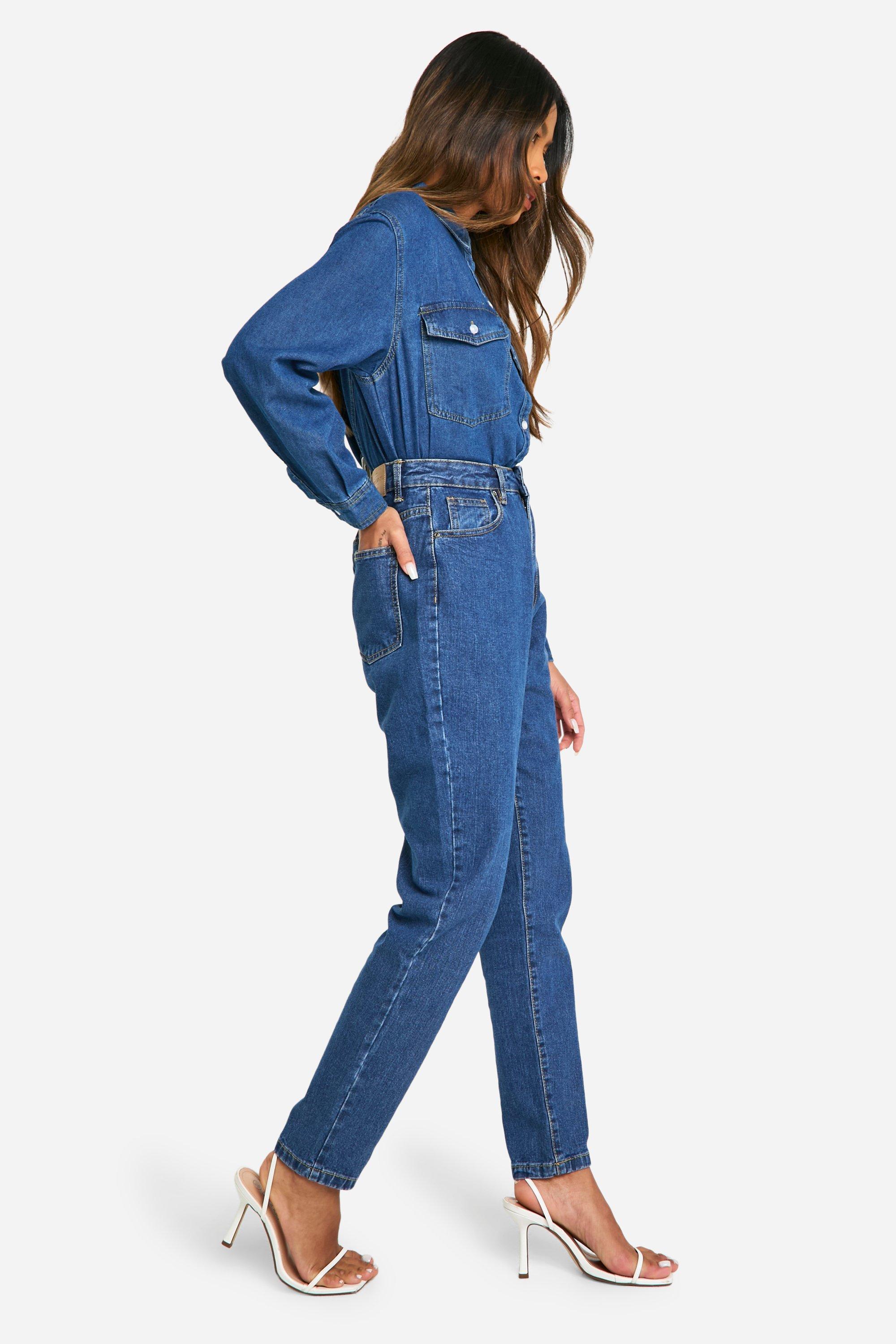 Boohoo Basic High Waist Mom Jeans, Washed Indigo