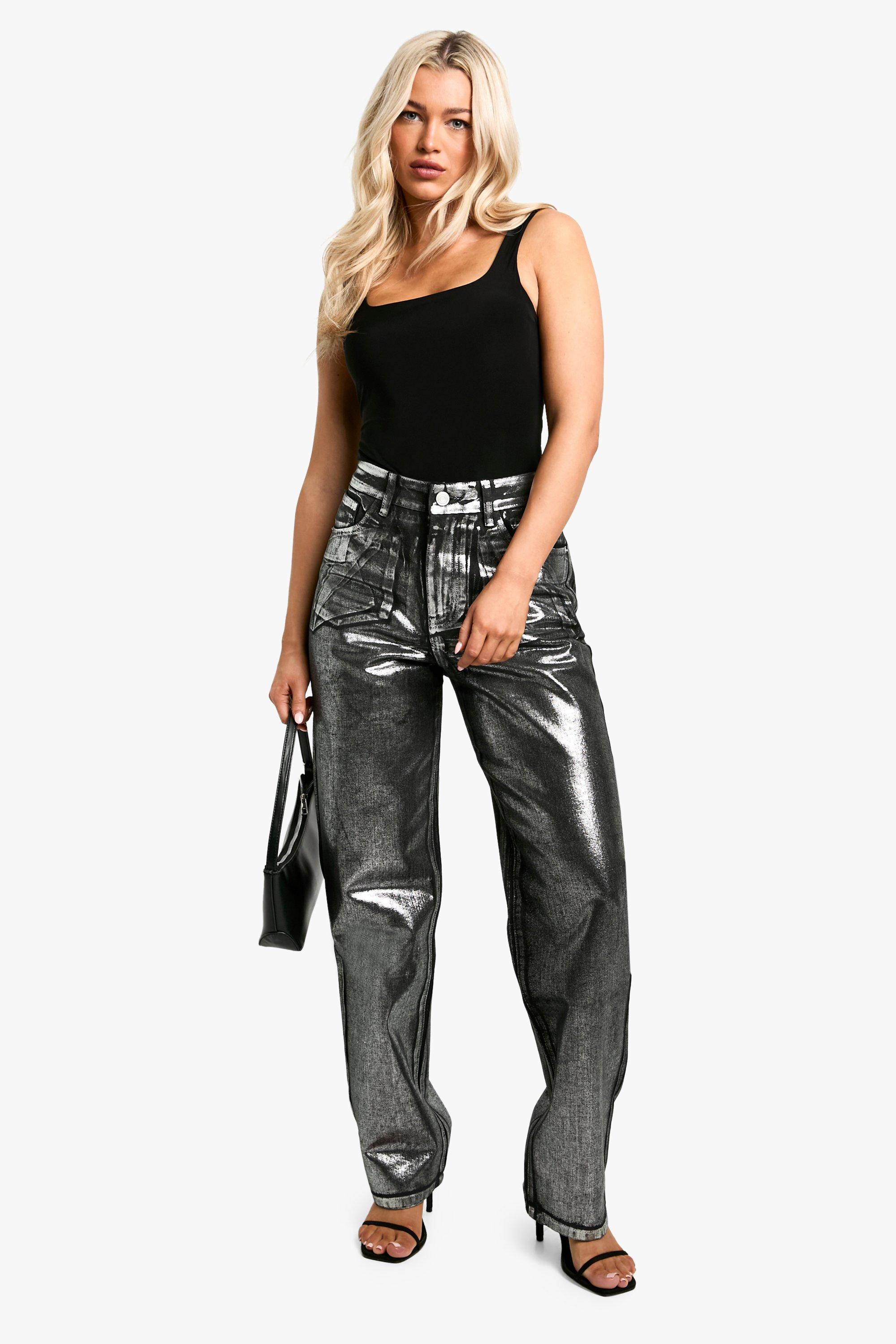 Boohoo Metallic Jeans Met Coating En Rechte Pijpen, Silver