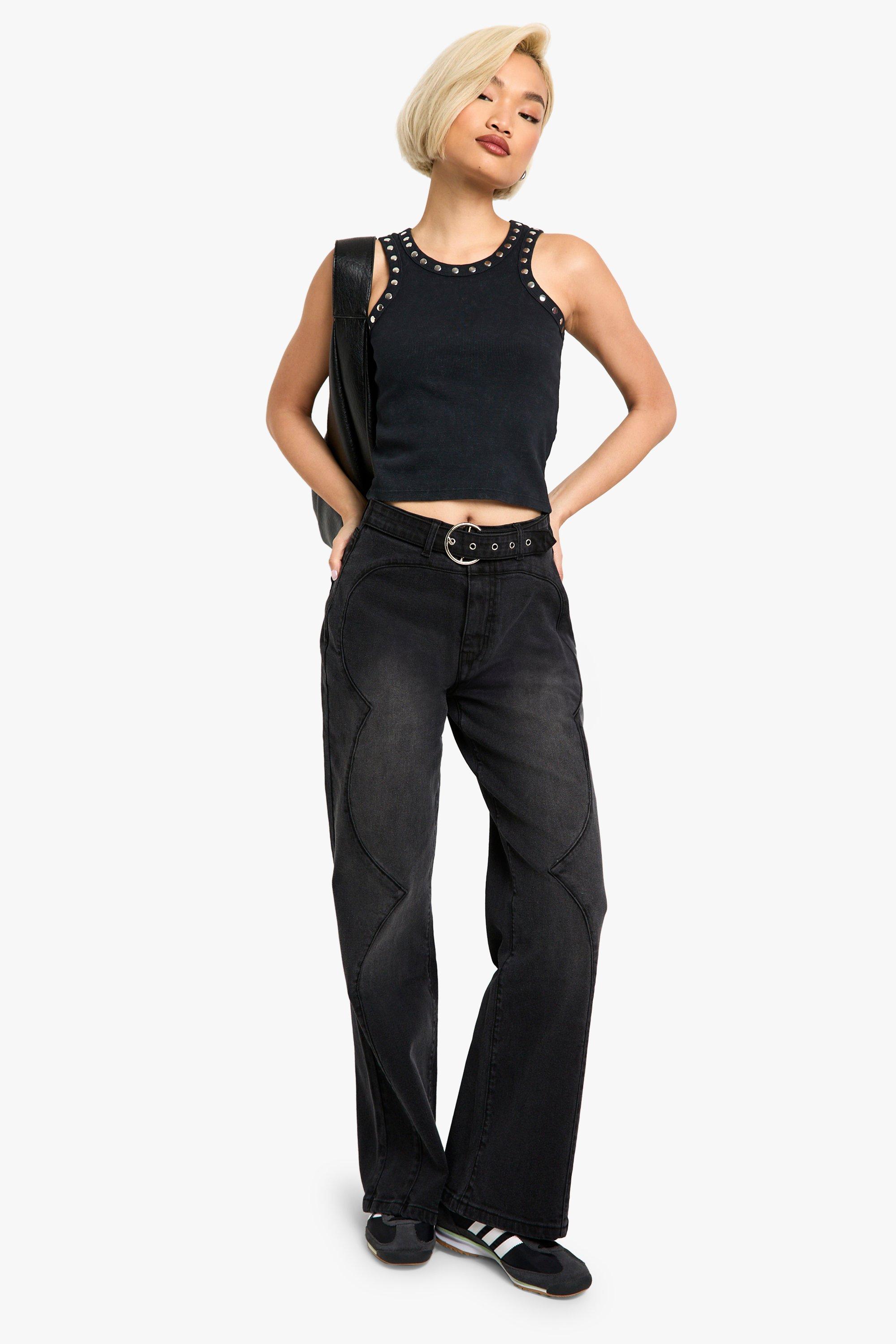 Boohoo Western Jeans Met Ceintuur, Washed Black