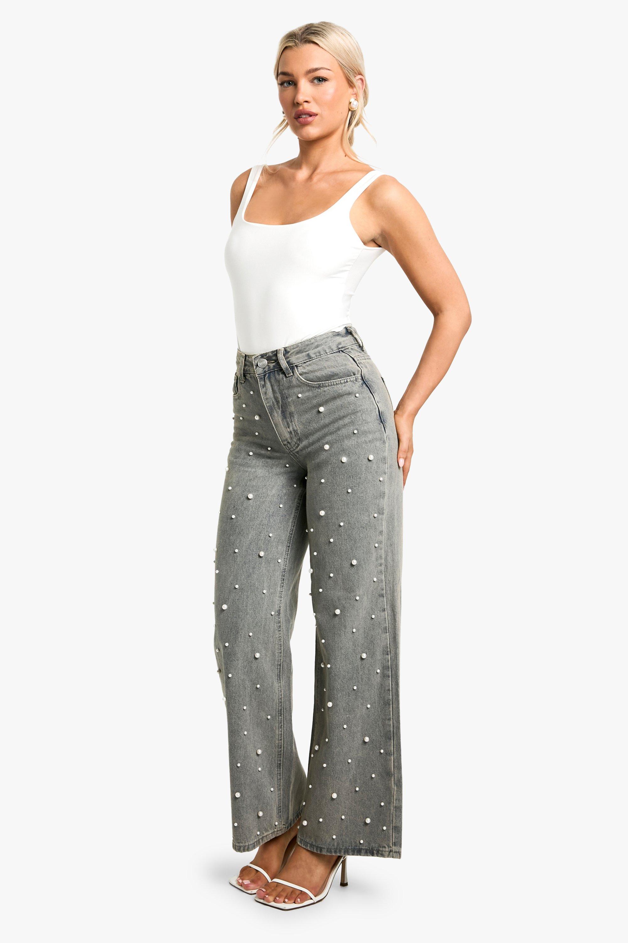 Boohoo Wide Leg Jeans Met Parels, Light Wash