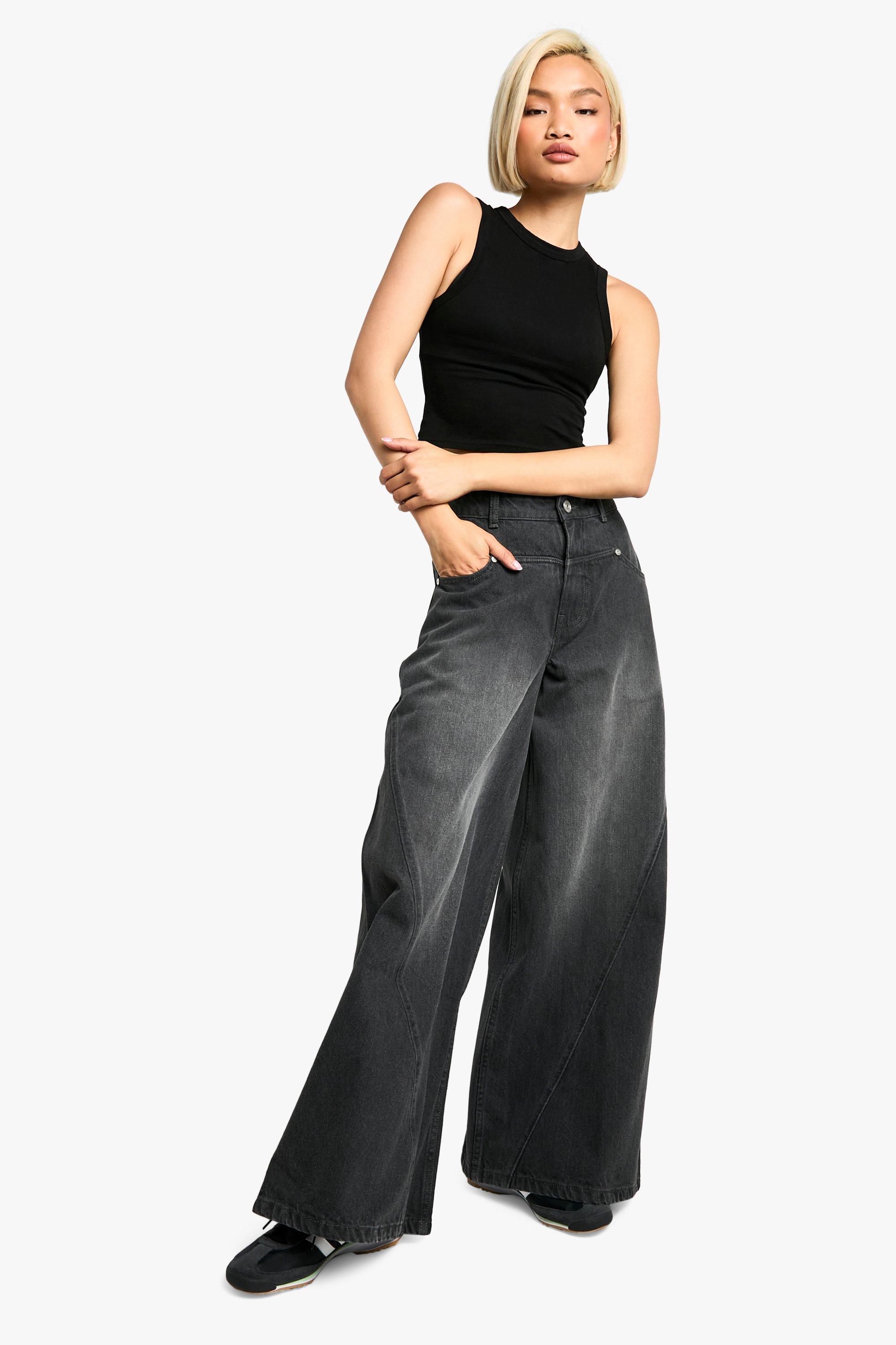 Boohoo Gebleekte Zwarte Wide Leg Jeans Met Naaddetail, Washed Black