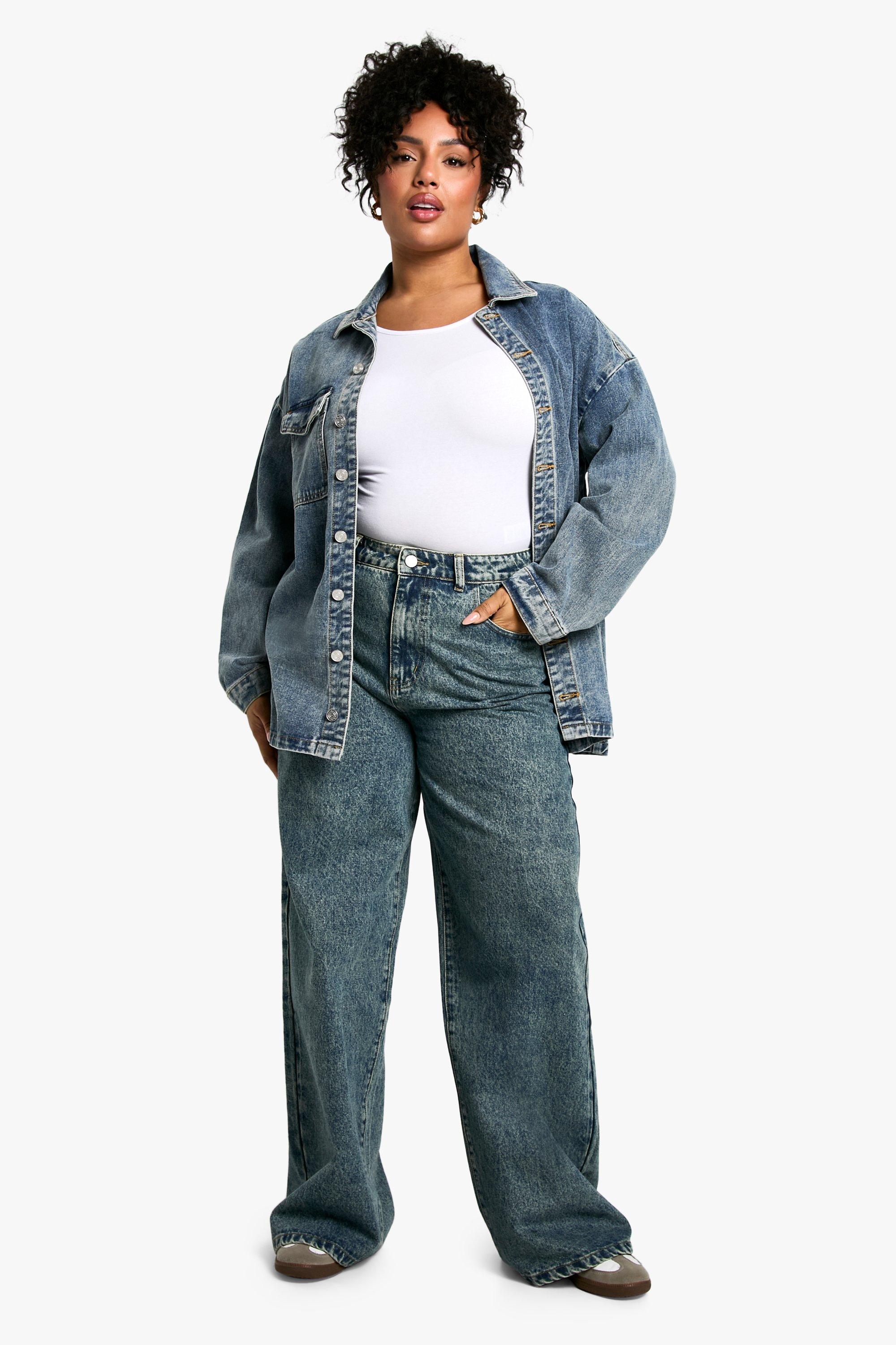 Boohoo Plus Basic High Waist Wide Leg Jeans, Vintage Blue