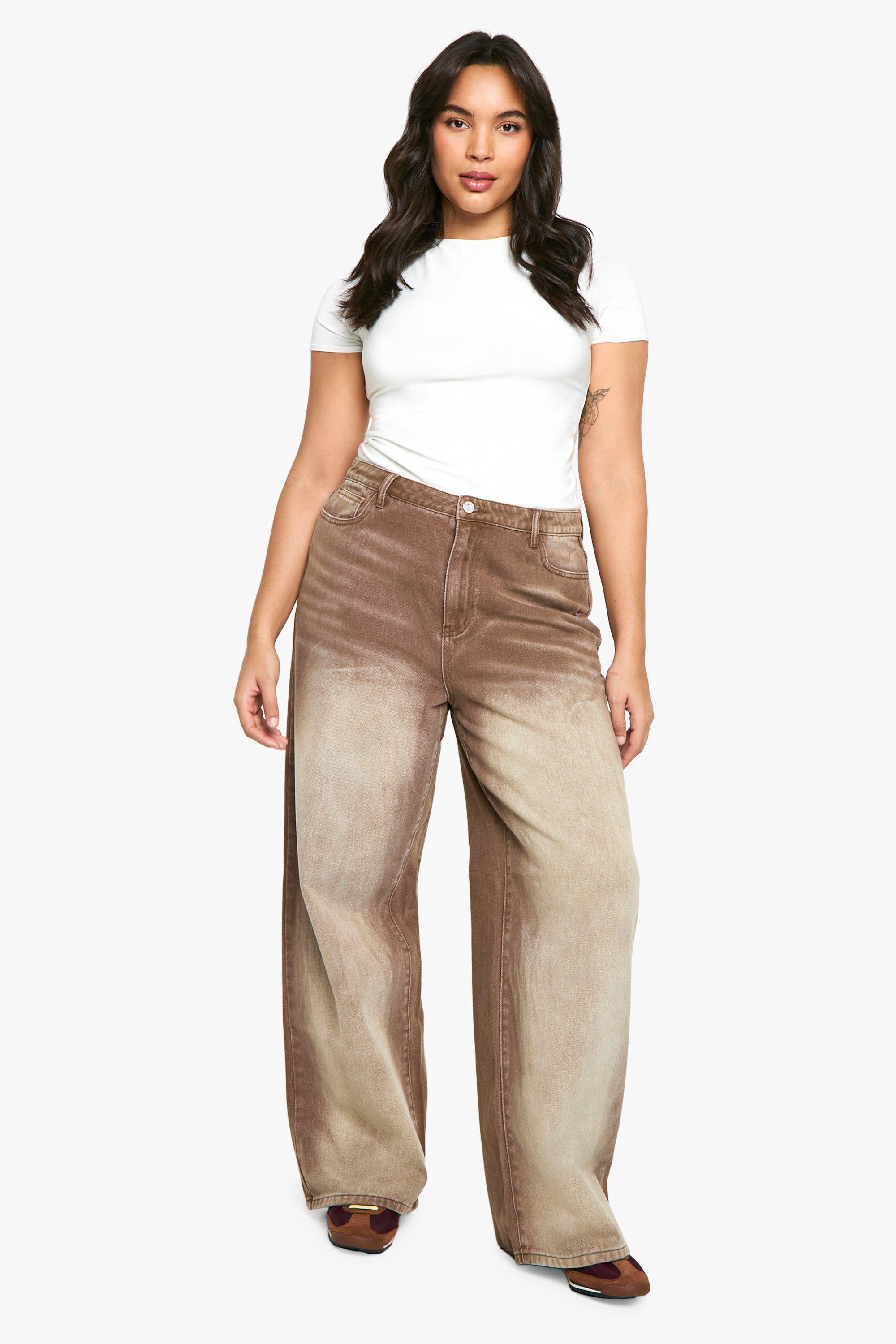 Boohoo Plus Dark Sand Ombre Wide Leg Jeans, Dark Sand