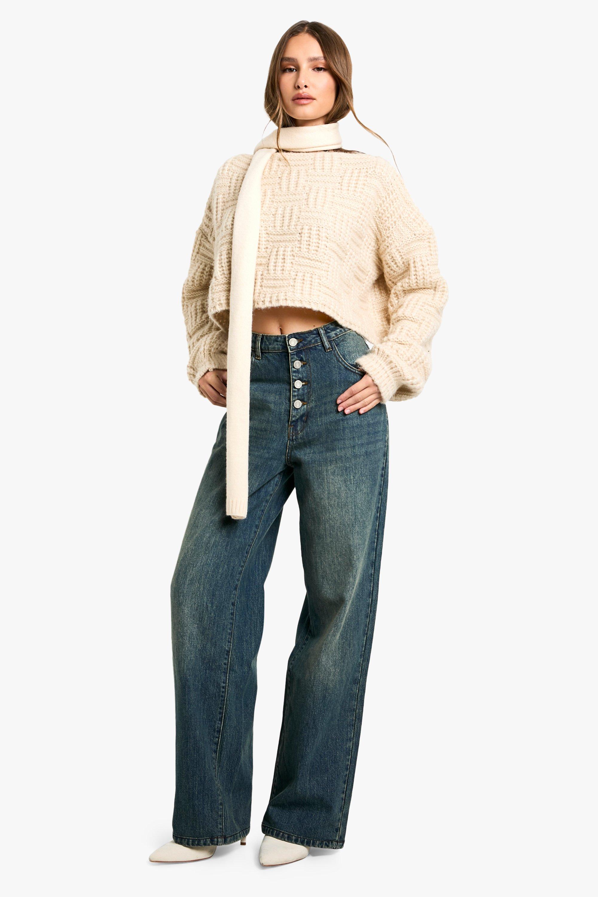 Boohoo Baggy Jeans Met Knoop Detail, Vintage Wash