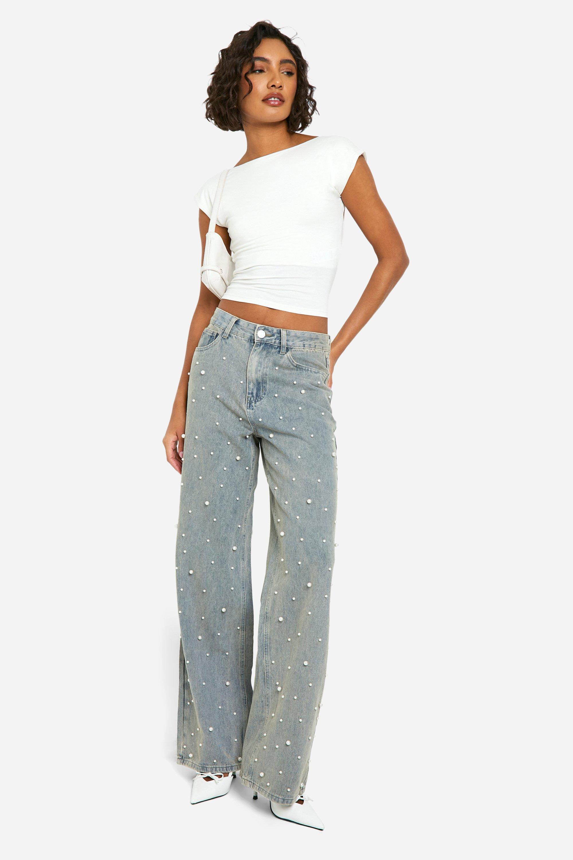 Boohoo Tall Wide Leg Jeans Met Parels, Light Wash