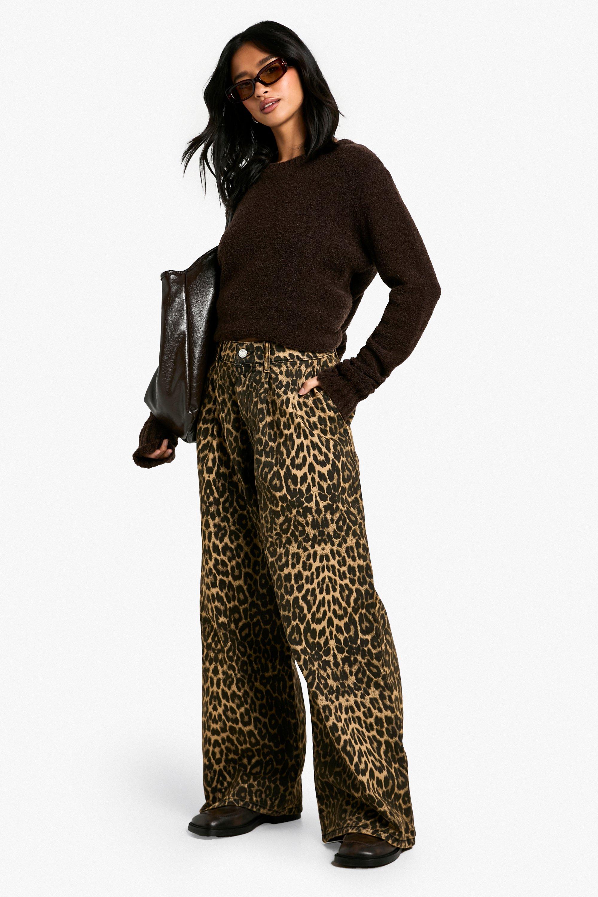 Boohoo Petite Vervaagde Luipaardprint Wide Leg Jeans, Animal