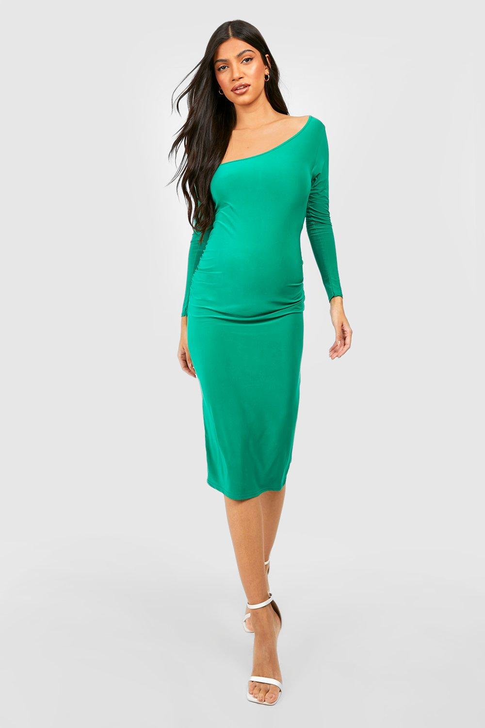 Boohoo Zwangerschap Strakke Midi Jurk Met Asymmetrische Hals, Green