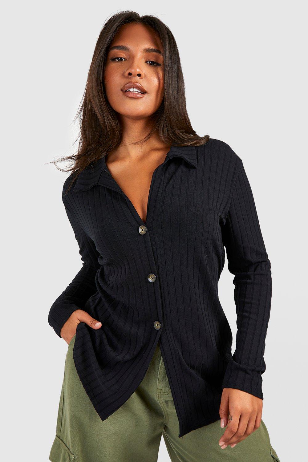 Boohoo Plus Gebreide Geribbelde Cardigan Met Knopen En Kraag, Black