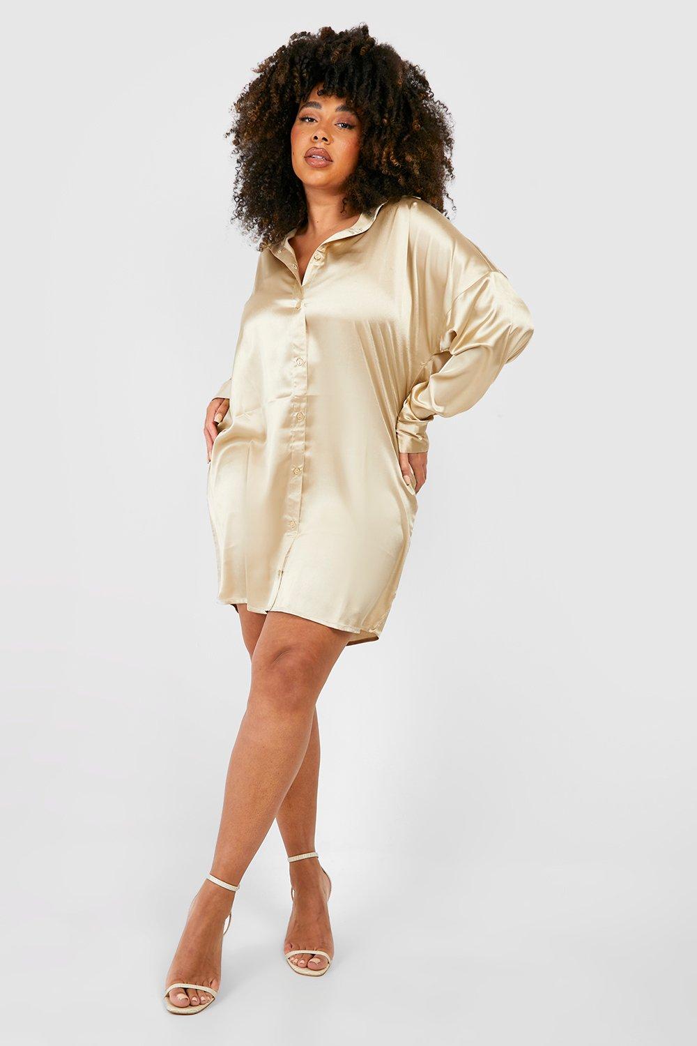 Boohoo Plus Satijnen Blouse Jurk, Stone