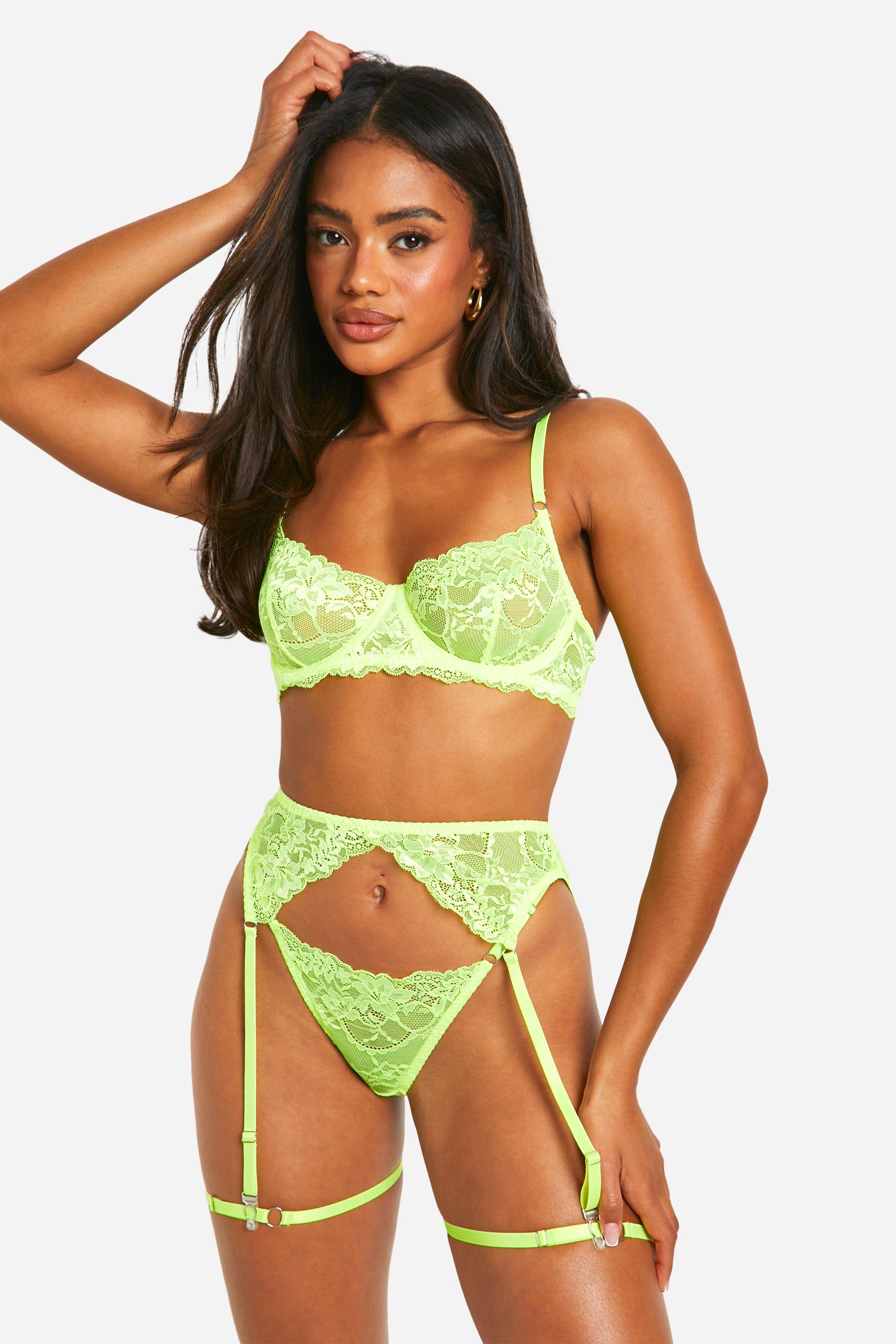 Boohoo Neon Bh, String En Jarretels Set, Neon-Yellow