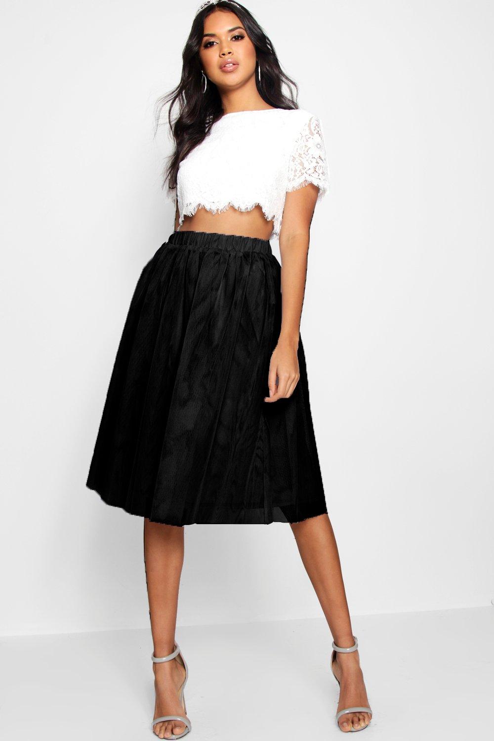 Boohoo Geweven Kanten Top & Contrast Midi Rok Set, Zwart