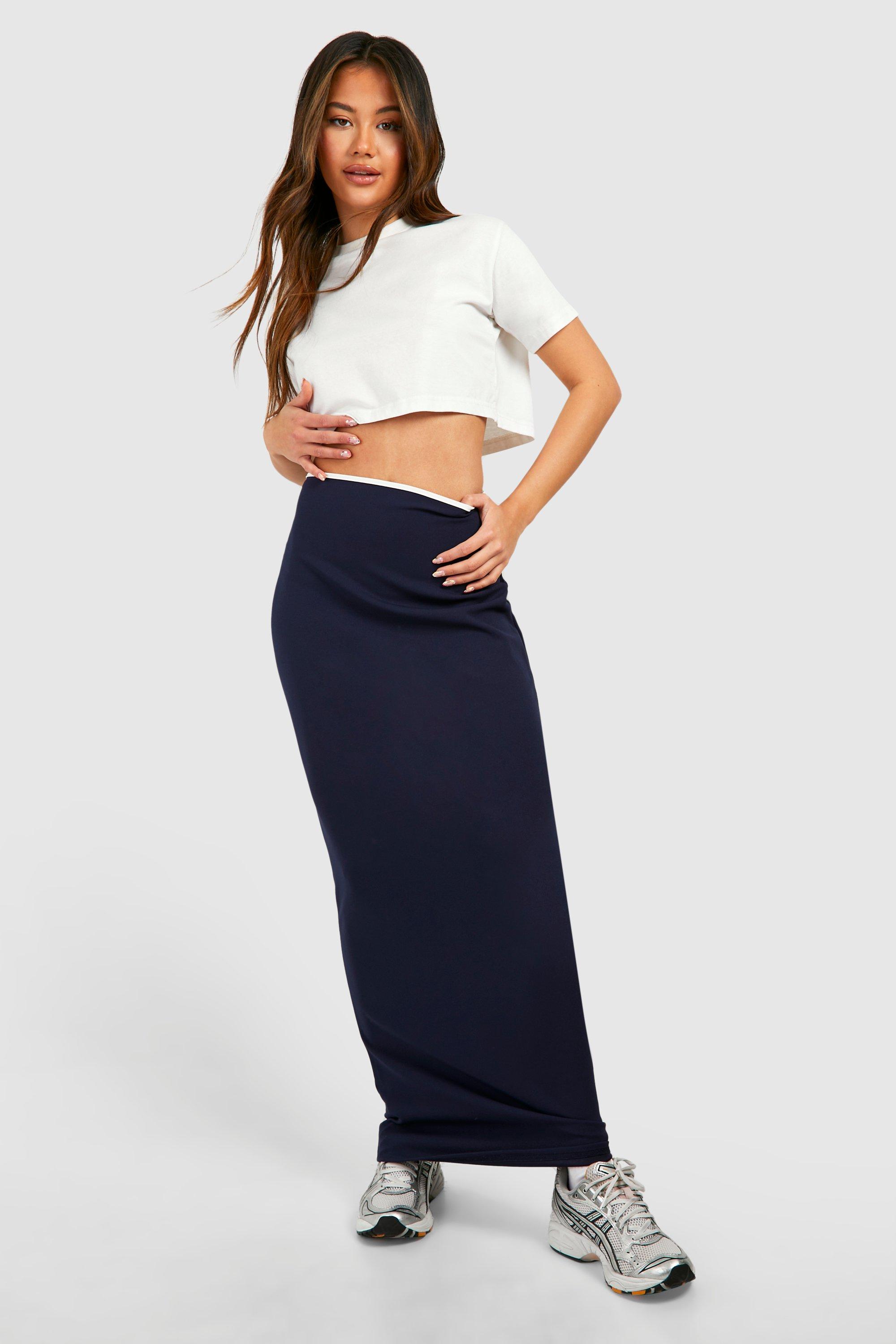 Boohoo Zwarte Crêpe Maxi Rok Met Contrasterende Naden, Navy