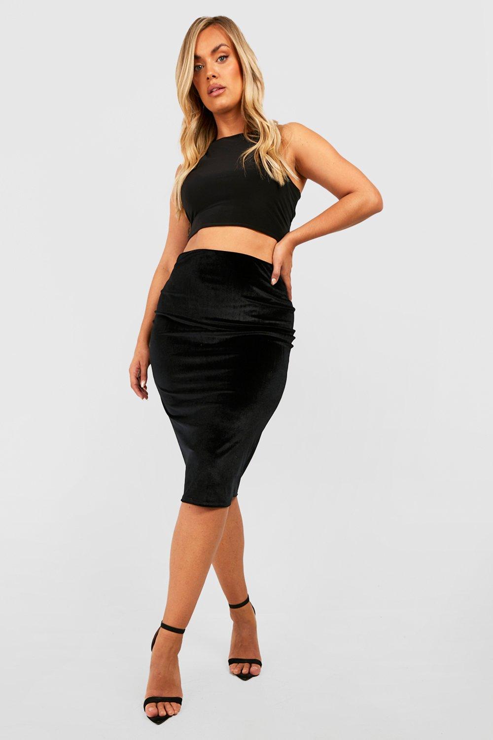 Boohoo Plus Fluwelen Midi Rok, Black