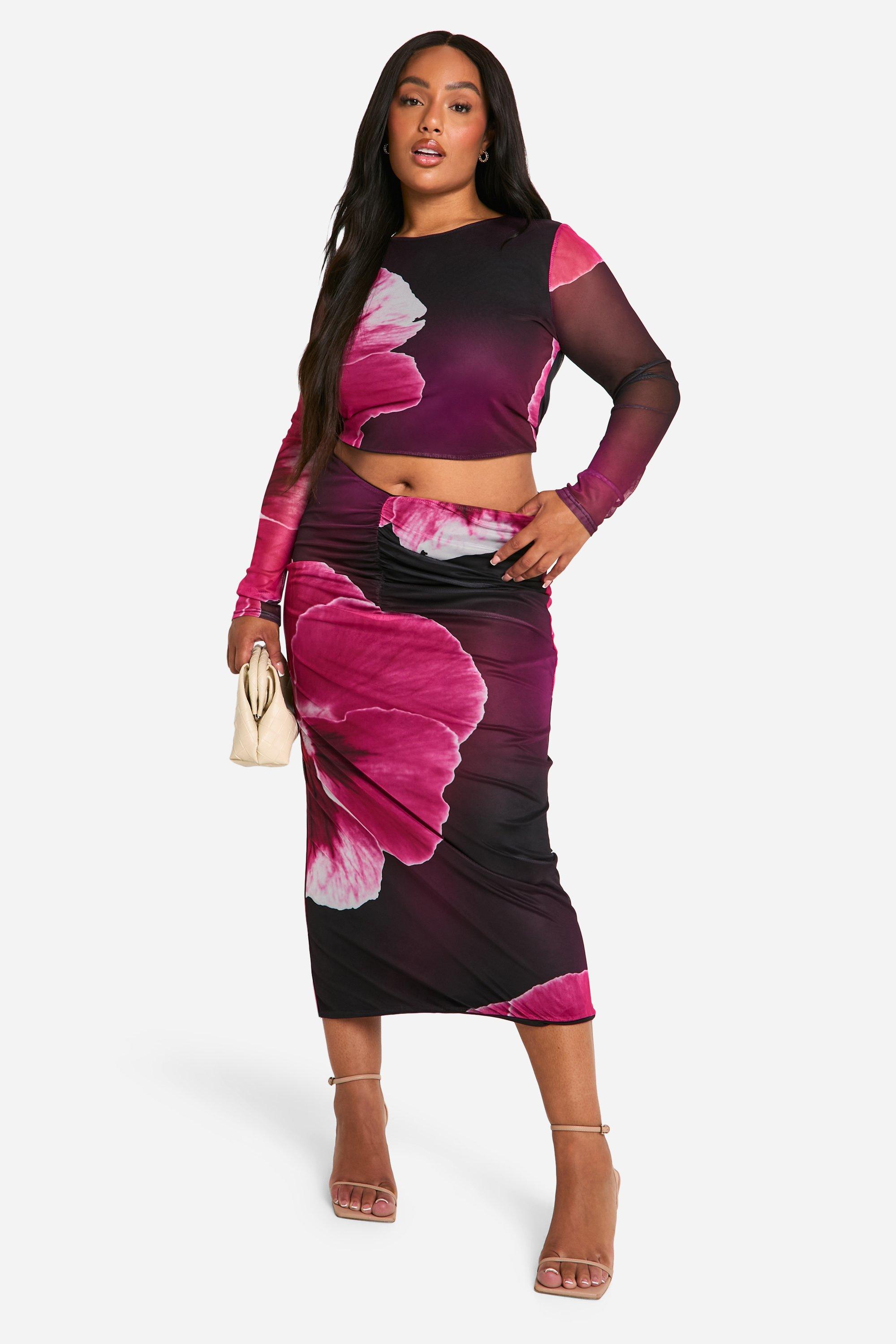 Boohoo Plus Grote Mesh Geplooide Bloemen Midaxi Rok Met Rugopdruk, Pink