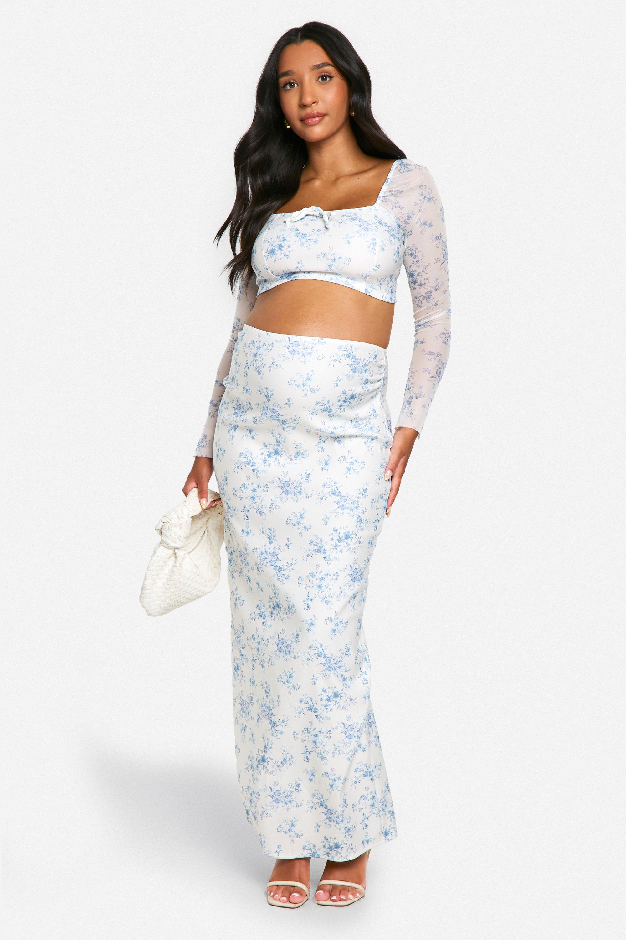 Boohoo Zwangerschap Porselein Print Bengaline Blouse Met Strik En Maxi Rok Set, Light Blue