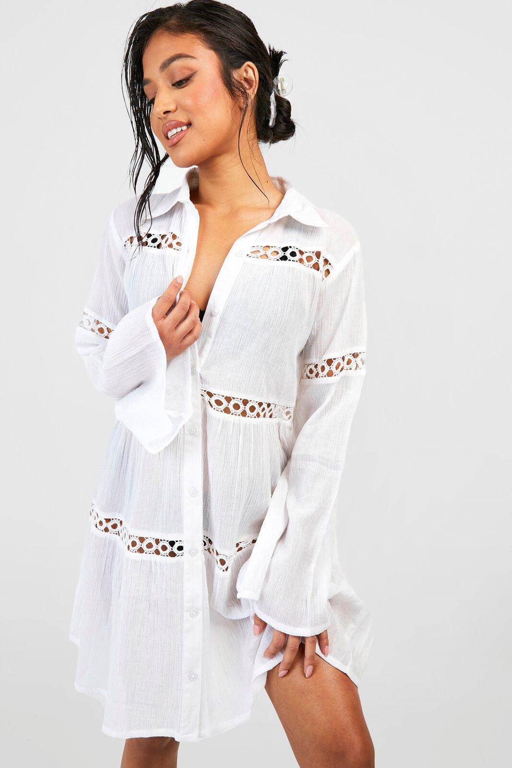 Boohoo Petite Strand Blouse Jurk Met Kaasdoek Zoom, White