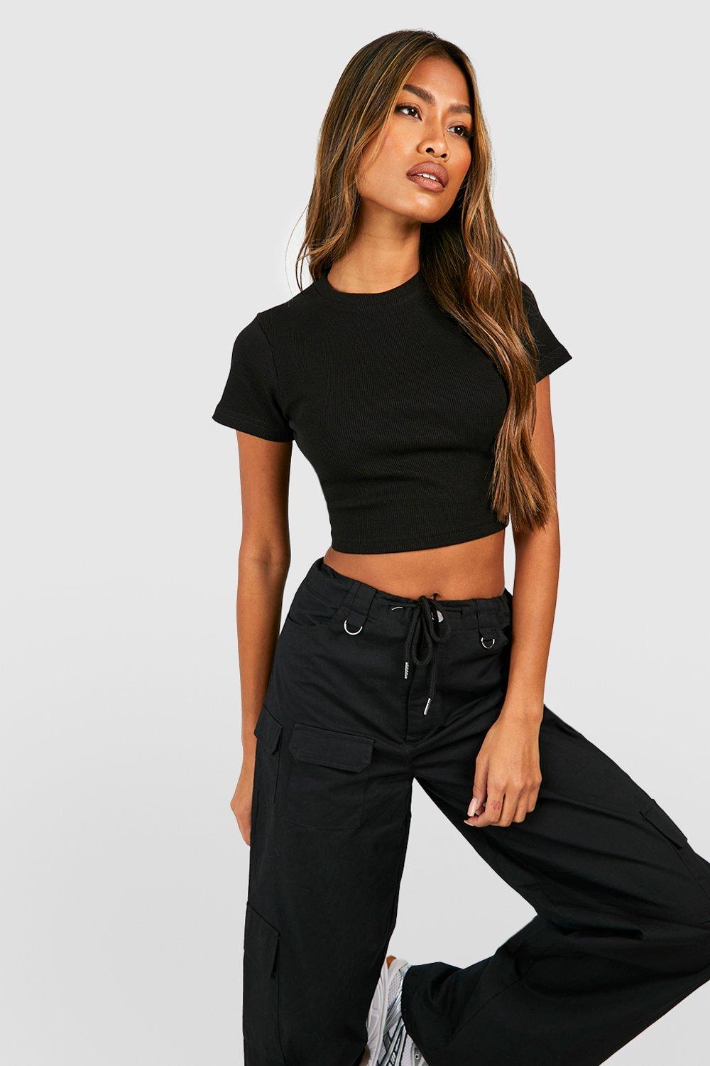 Boohoo Geribbelde Crop Top Met Open Rug, Black