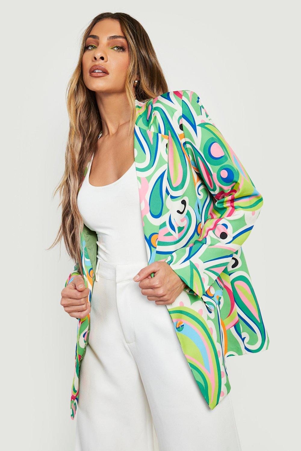 Boohoo Getailleerde Blazer Met Abstracte Print, Bright Green