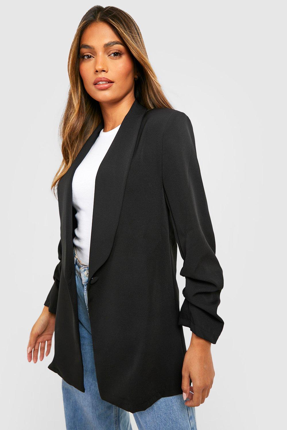 Boohoo Basic Geweven Blazer Met Geplooide Mouwen, Laag Decolleté En Reverskraag, Black