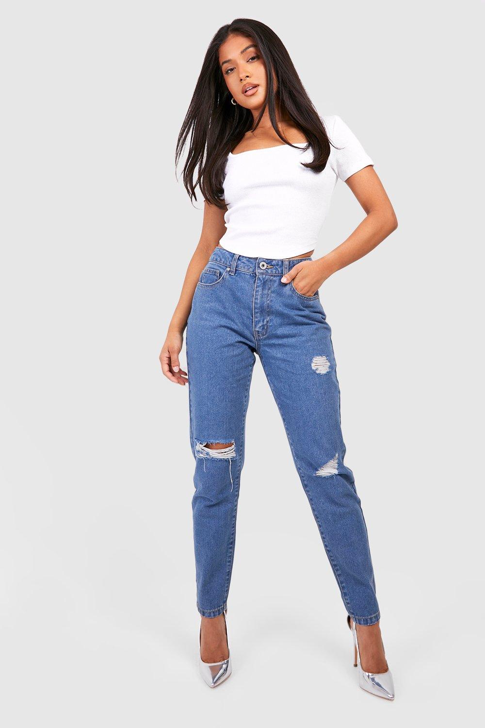 Boohoo Petite Gescheurde Basic High Waist Mom Jeans, Vintage Wash