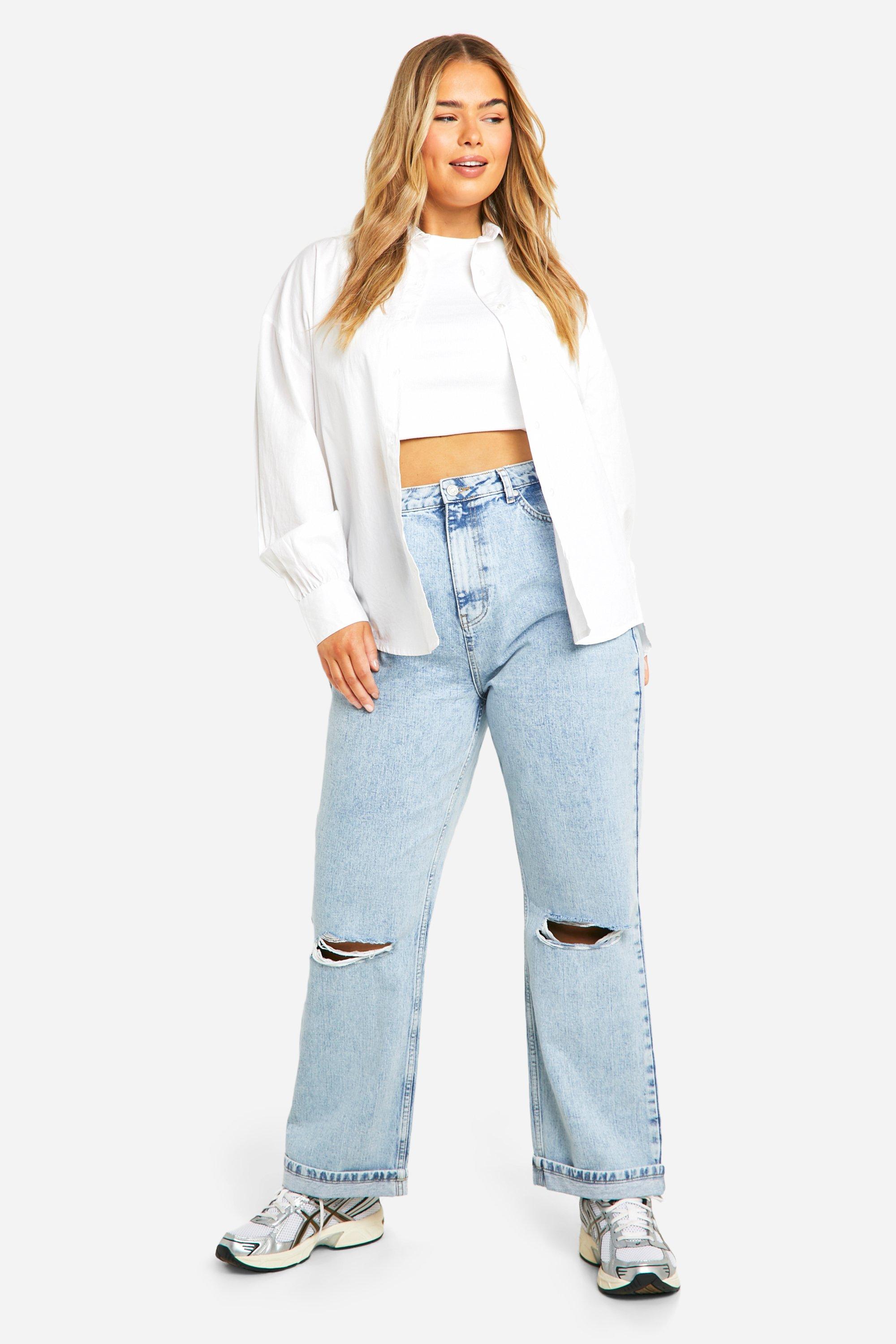 Boohoo Plus Licht Gebleekte Jeans Met Gescheurde Knieën En Rechte Pijpen, Denim-Blue