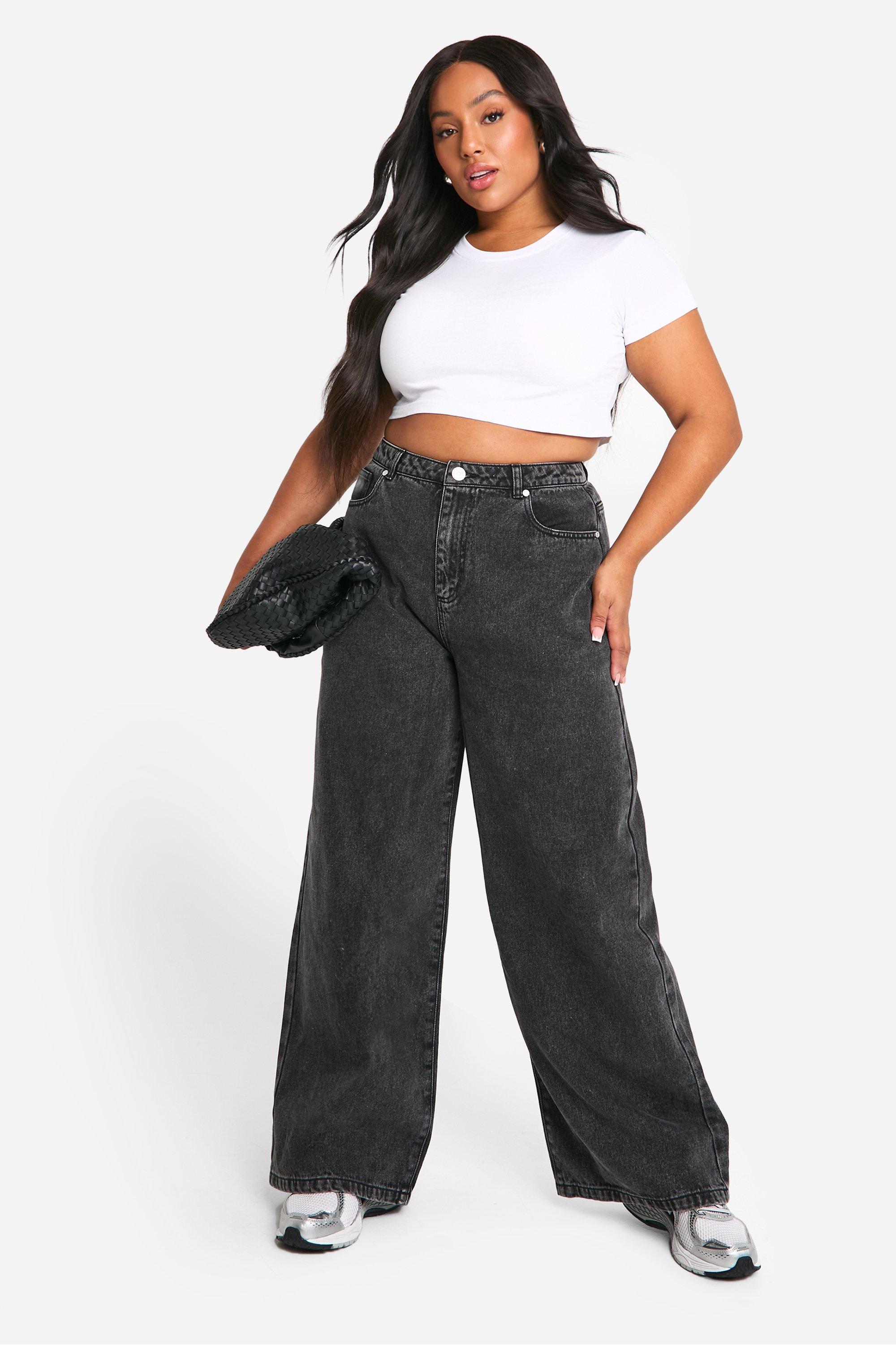 Boohoo Plus Basic High Waist Super Wide Leg Jeans, Washed Black