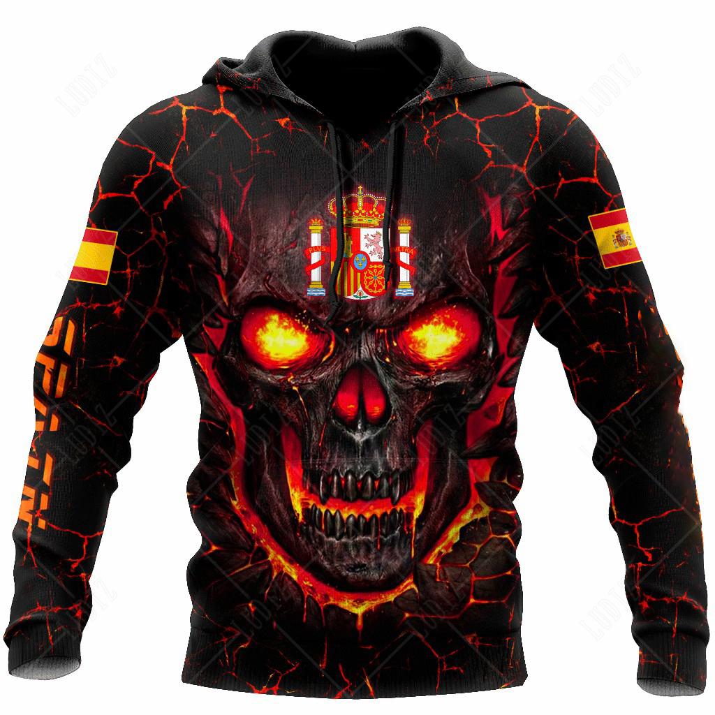 ETST0013 Nieuwe Spaanse Schedel Hoodies Heren Hoodie 3D Print Spanje Vlag Tops Herfst Lange Mouw Streetwear Capuchon Voor Mannen Kleding S