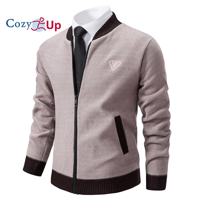 Cozy  Up Cozy up Heren Baseballjack Stand Collar Slim Fit Gebreid Cardigan Trui Casual Jack M beige