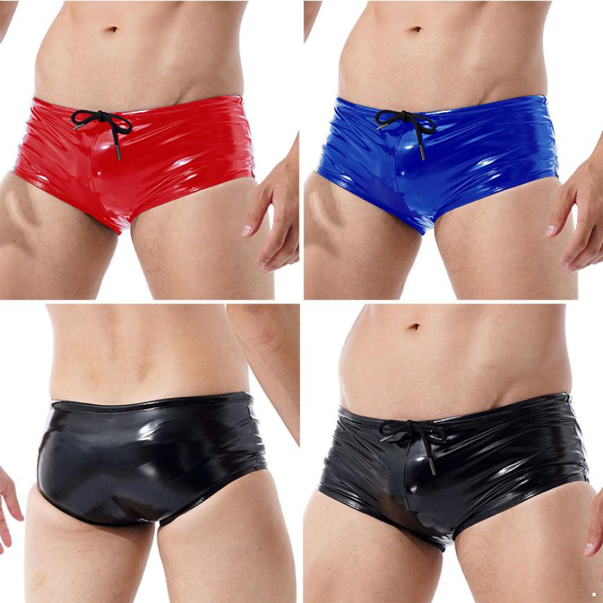 IEFiEL Heren Wet Look Patent Leather Zwembroeken Lage Taille Trekkoord Boxershorts Zwemkleding M zwart