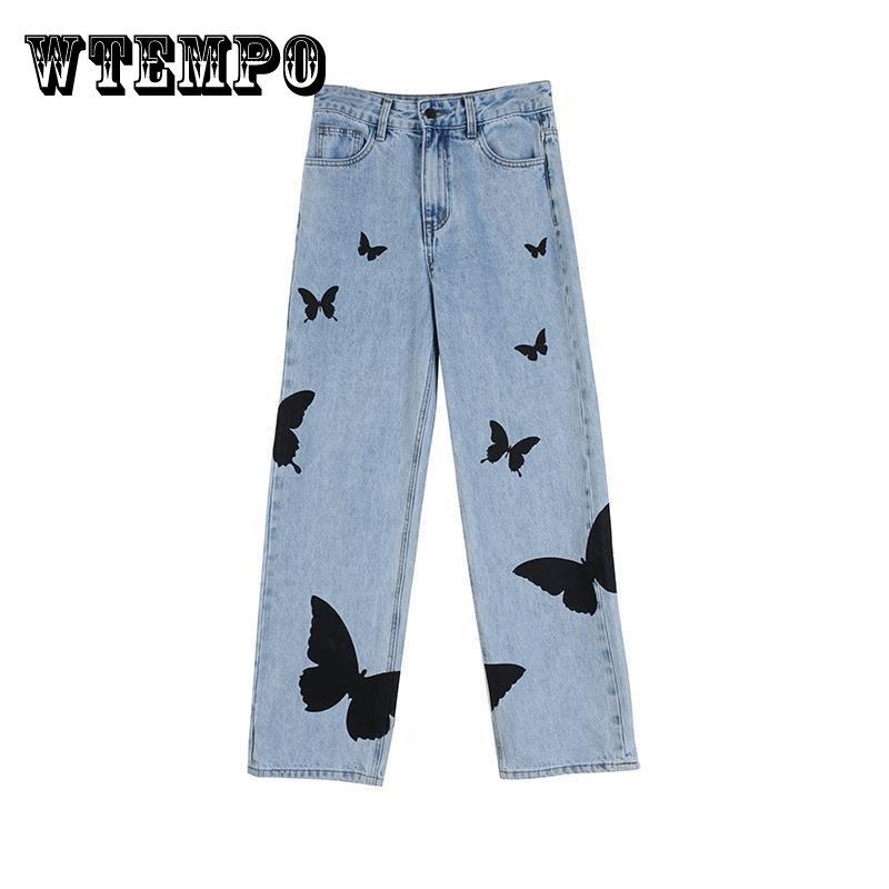 WTEMPO Dames Jeans broek met hoge taille Afslanken All-match losse casual denim rechte broek met wijde pijpen plus size XXXXL blauw