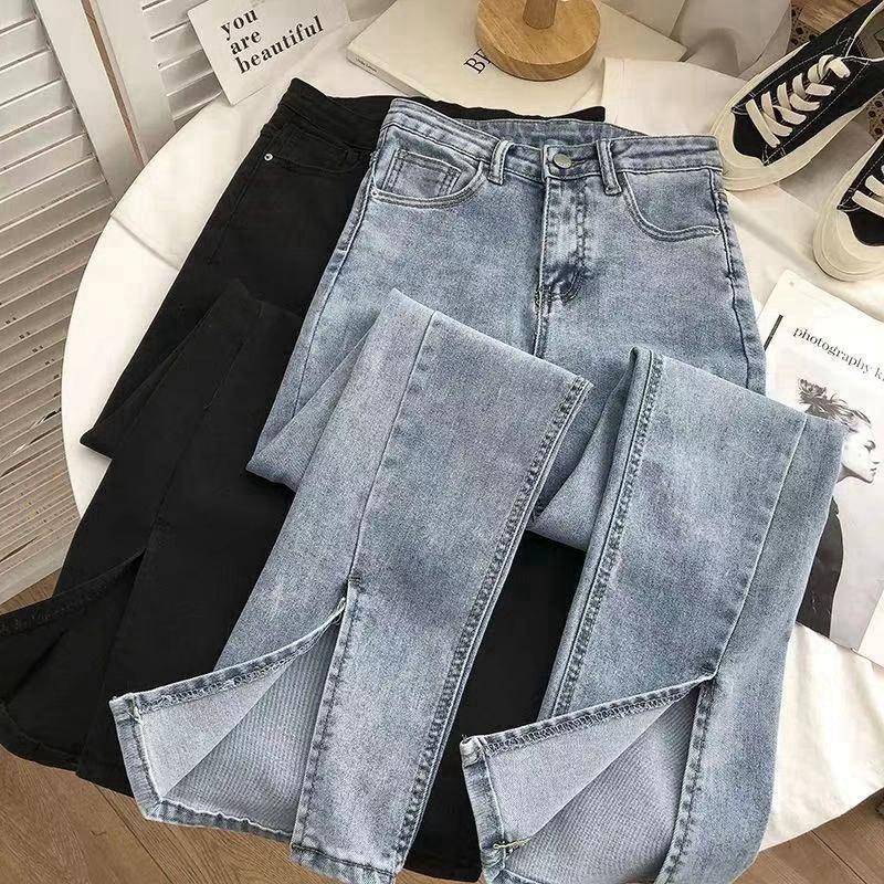 LvvvvvvvL Street chic elastische denim flare broek vrouw hoge taille vintage split jeans vrouw chique grijze bell bottom jeans XS lichtblauwe kleur