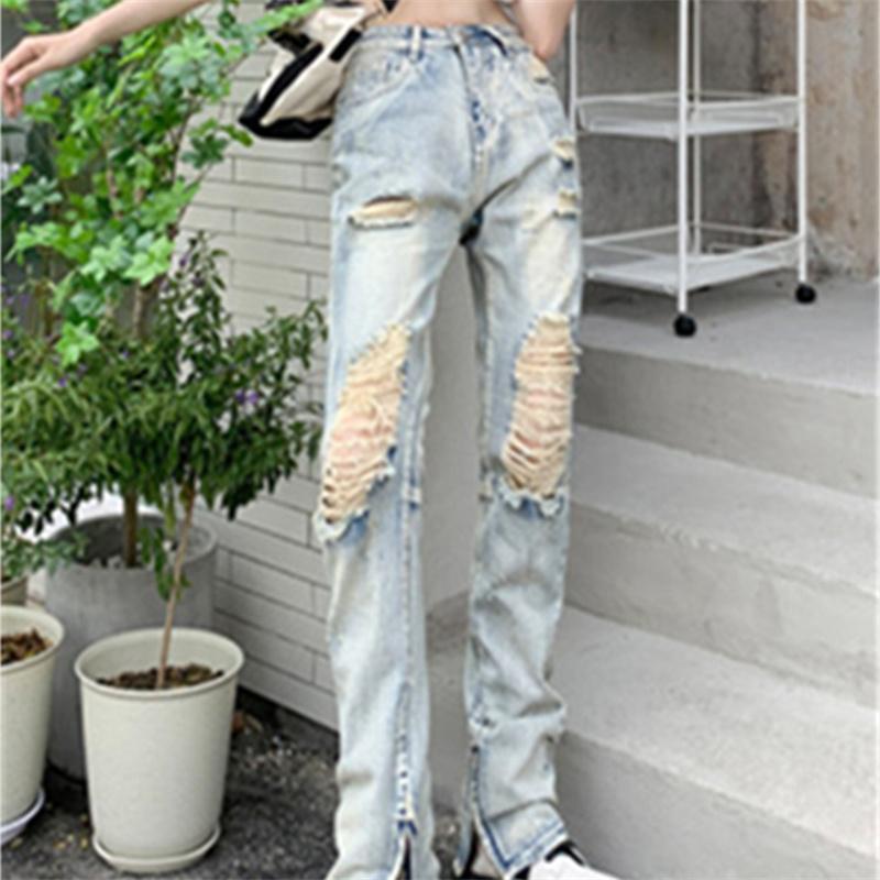 Yukiesue Lente 2022 Dames Hoge Taille Chic Retro Gescheurde Dames Wijde Pijpen Jeans Baggy Vrouw Denim Capri Broek Jean Mom Jeans Broek XS lichtblauwe kleur