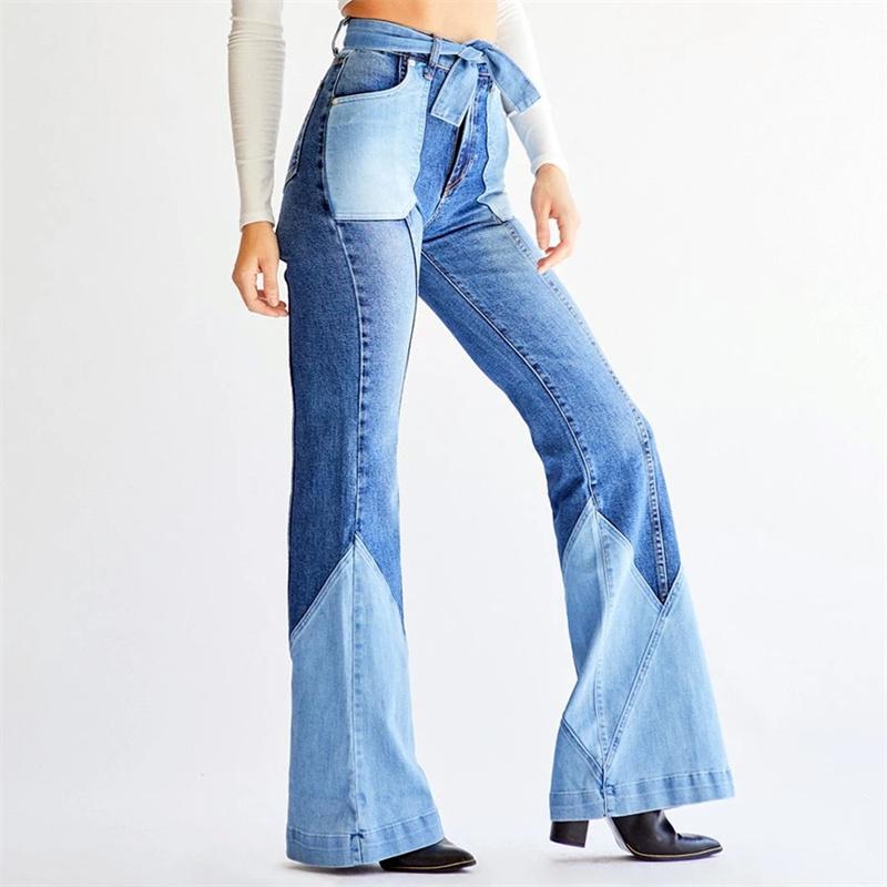 Yukiesue Lente 2022 Womens Fashion Hoge Taille Y2k Vrouwen Wijde Pijpen Jeans Vrouw Denim Patchwork Flare Broek Jean Mom Jeans broek S donkerblauwe kleur