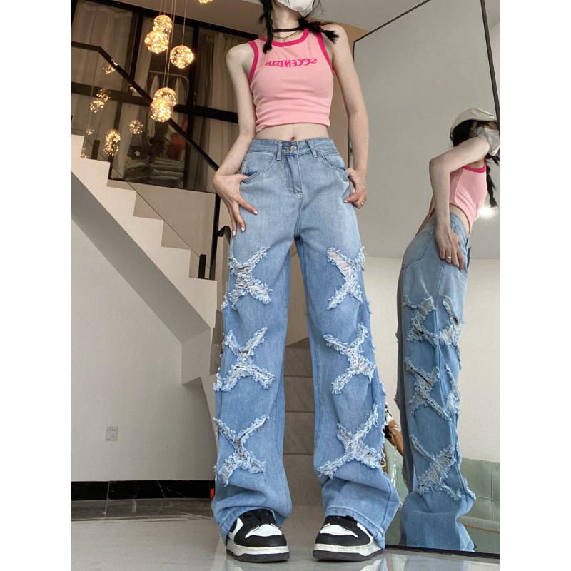 Black Strawberry Cloth Gescheurd gat damesjeans denim broek broek koreaanse stijl kleding 2023 mode harajuku streetwear y2k zomer vriendje baggy S blauw