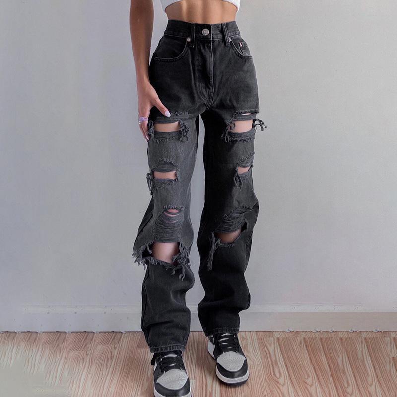 Fantastic wardrobe Bruin gescheurde vintage vrouw noodlijdende jeans streetwear gat hiphop hoge taille broek mode rechte denim broek dames S zwart