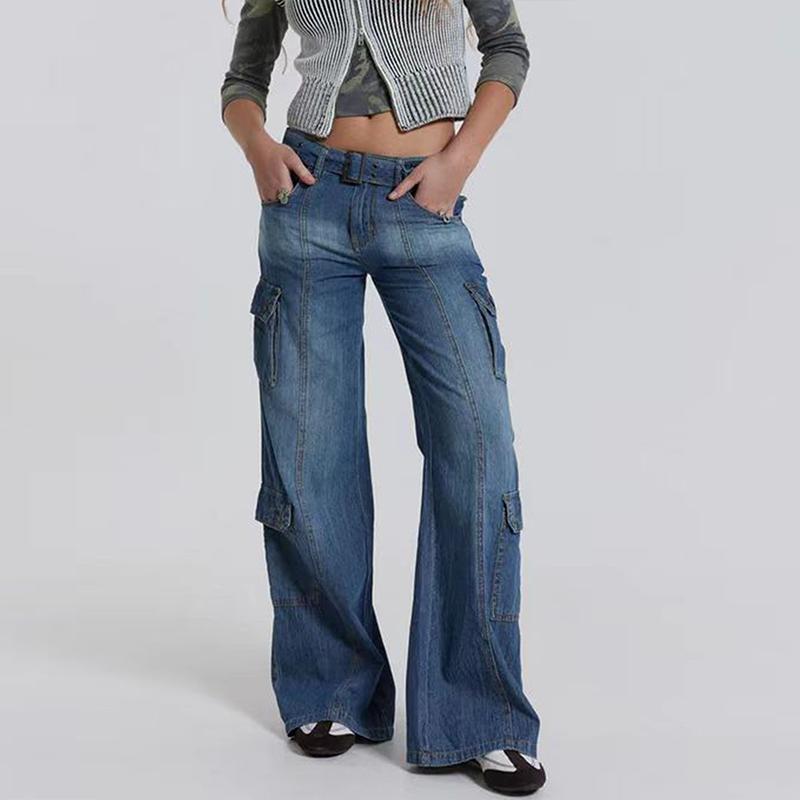 Omena Jeans met wijde pijpen, dames, hoge taille, zakken, patchwork jeans XS blauw