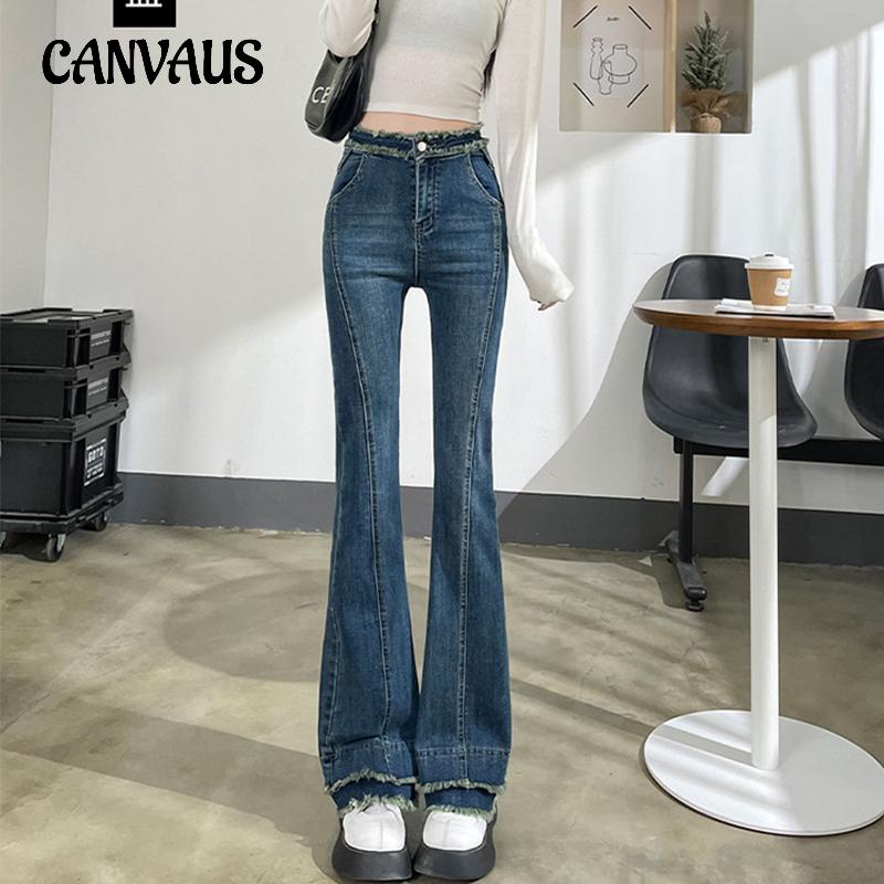 CANVAUS Lente en herfst damesjeans met hoge taille, elastische slanke dunne mode-denimjeans met wijde pijpen, trailing micro flare-broek XS blauw