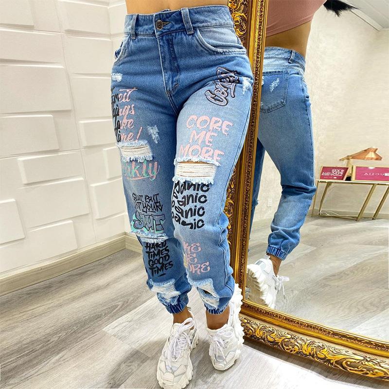 Mille Lente dames casual gescheurde jeans leggingbroek met letterprint XXL blauw