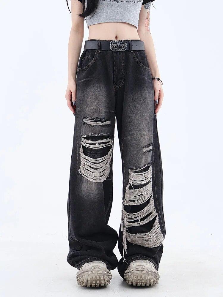 Diana Fashion Clothes Gothic Zwarte Jeans Hoge Taille Vintage Vrouwen Koreaanse Mode Y2k Streetwear Gescheurde Broek Vrouwelijke Harajuku Casual Wijde Pijpen Denim Broek S zwart