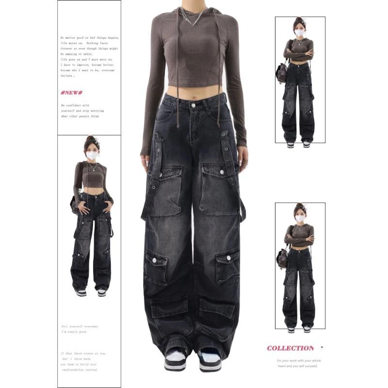 Exotic Vrouwen Vintage Black Gothic Cargo Jeans Y2k Wide Leg Denim Pants Oversize jaren 2000 Hoge Taille Jeans Koreaanse Baggy Broek jaren '90 Jeans S zwart