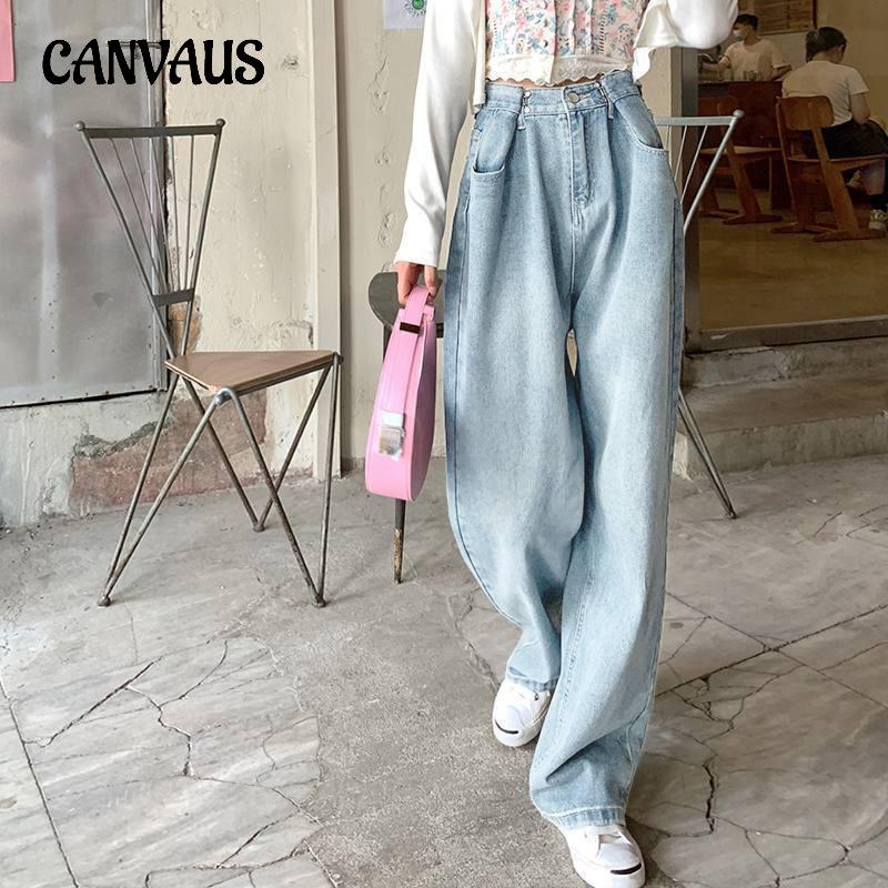 CANVAUS Vintage hoge taille drag jeans zomer losse dunne grote maat rechte wijde pijpen broek damesjeans S