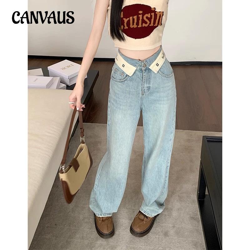 CANVAUS Flap Letter Jeans Dames zomer hoge taille dunne wijde pijpen broek rechte broek S