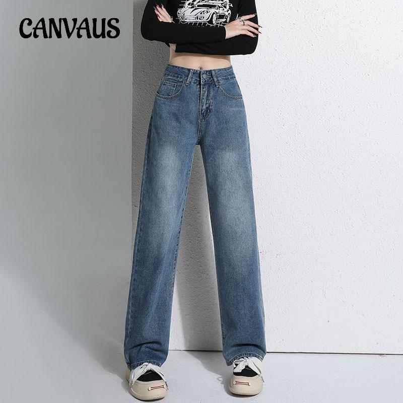 CANVAUS Vintage jeans Dames lente en herfst rechte broek Losse broek met hoge taille en wijde pijpen Dragbroek Lange broek S blauw