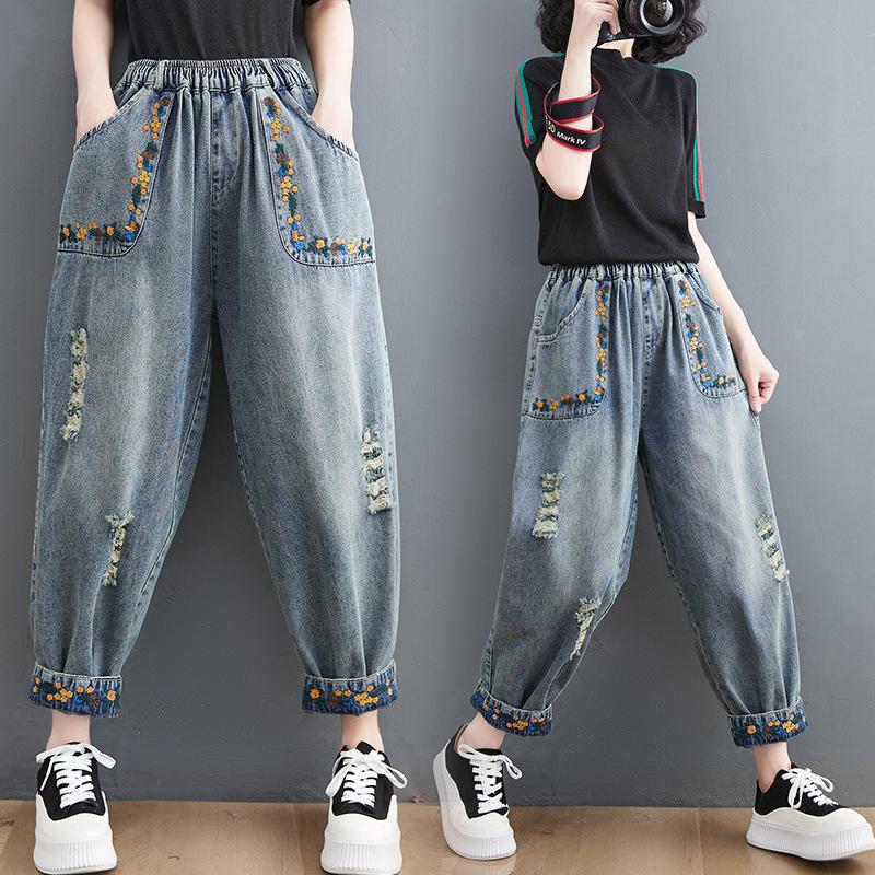 SHIZI Lente dames geborduurde patch jeans elastische taille losse negenpunts harembroek XXL blauw