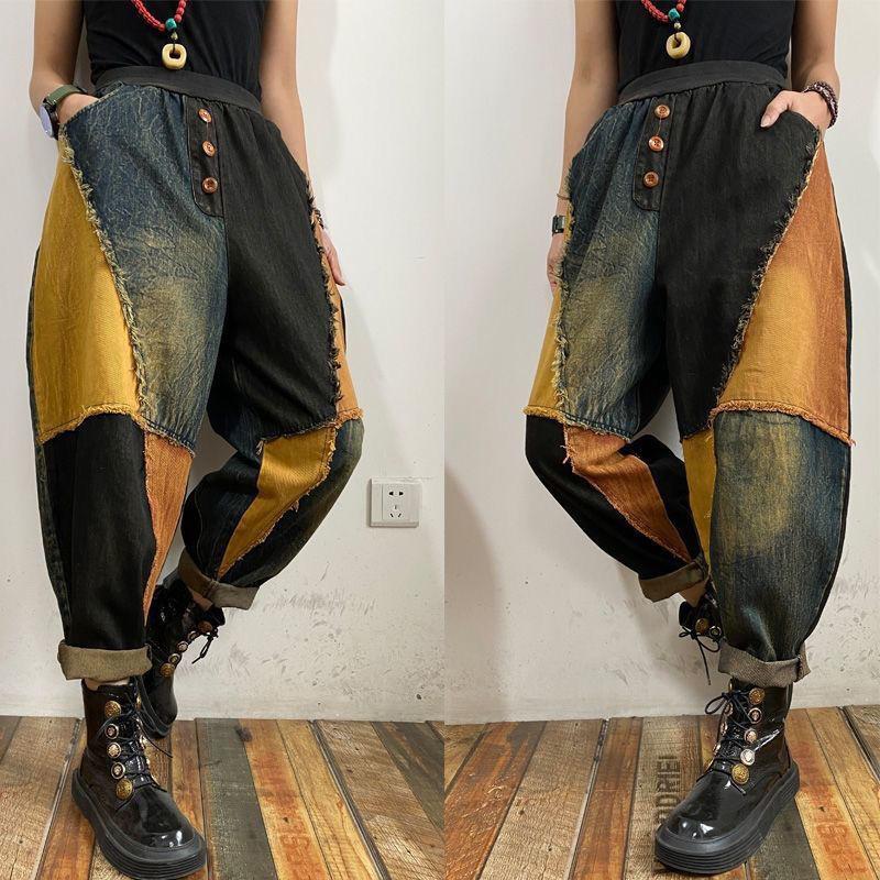 Heihei Oversized Losse Vrouwen Denim Broek Vintage Stijl Patchwork Hoge Taille Jeans Broek Vrouwelijke Lente Herfst Nieuwe Harem Broek XL geel