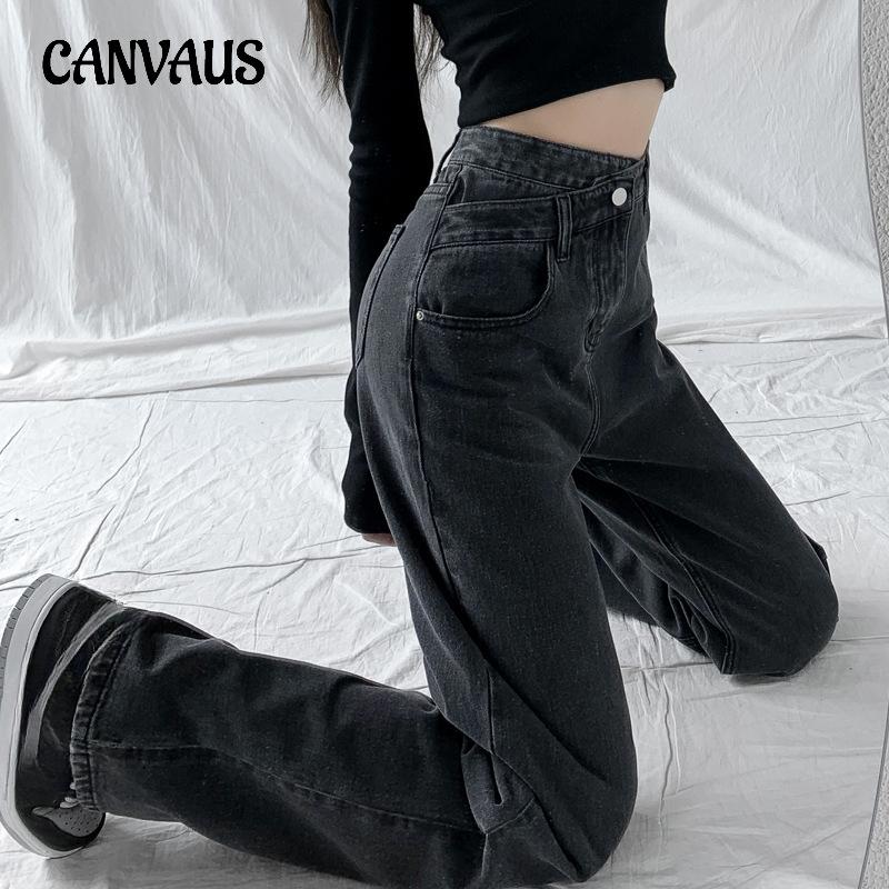 CANVAUS Broekjeans met wijde pijpen Dames Zomer Losse hoge taille Onregelmatige rechte sleepbroek S grijs/zwart