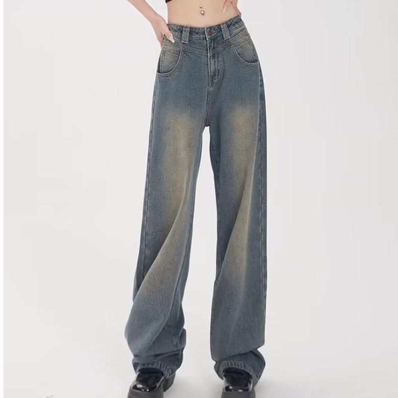 Qiu Yi Vintage jeans met wijde pijpen voor dames, lente, herfst en winter, losvallende broek met hoge taille, sleepbroek XS