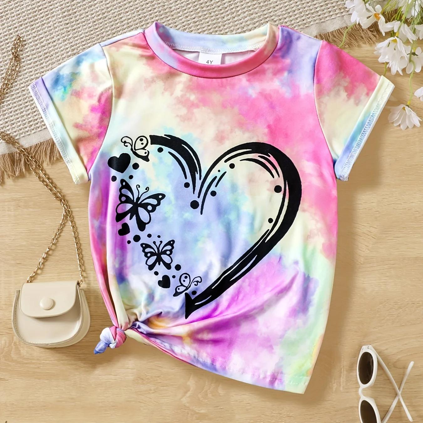 Xuhaijian02 Kinderen Meisjes O-hals T-shirt Hart Vlinder 3d Gedrukt T-shirt Met Korte Mouwen Kindermode Streetwear Zomer Tops Kleding 100