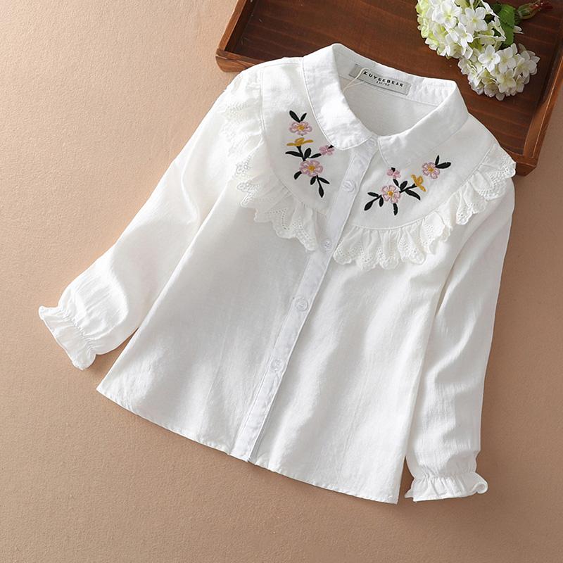 Kuyeebear Meisjes Shirt Blouses Kids Lente Herfst Koreaanse Mode Kinderen Lange Mouwen Katoen Bloemen Borduurwerk Kant Sweet Top Kleding 120 wit