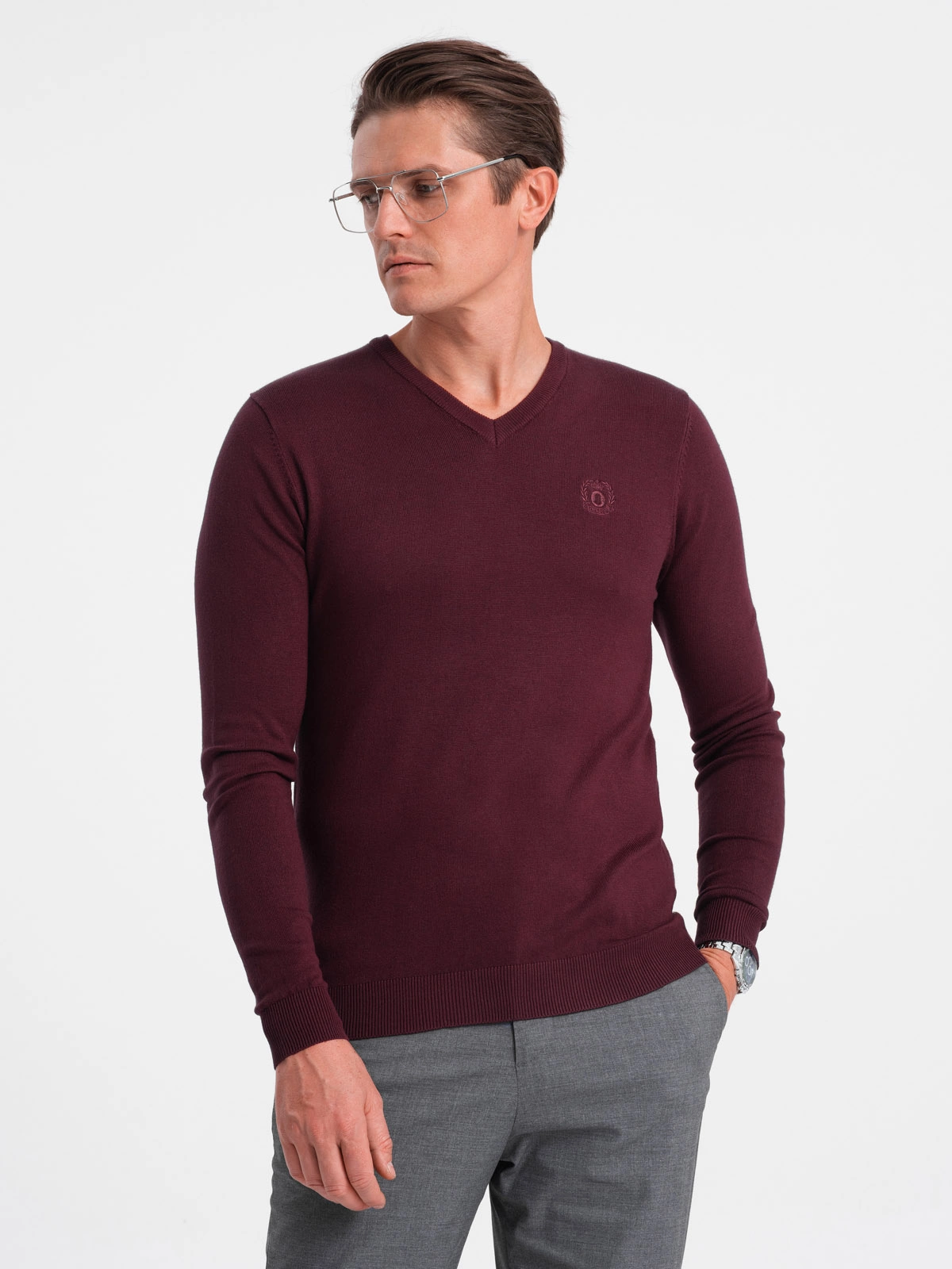 Ombre Heren v-hals sweater ribgebreide boorden bordeaux bs-0107bd